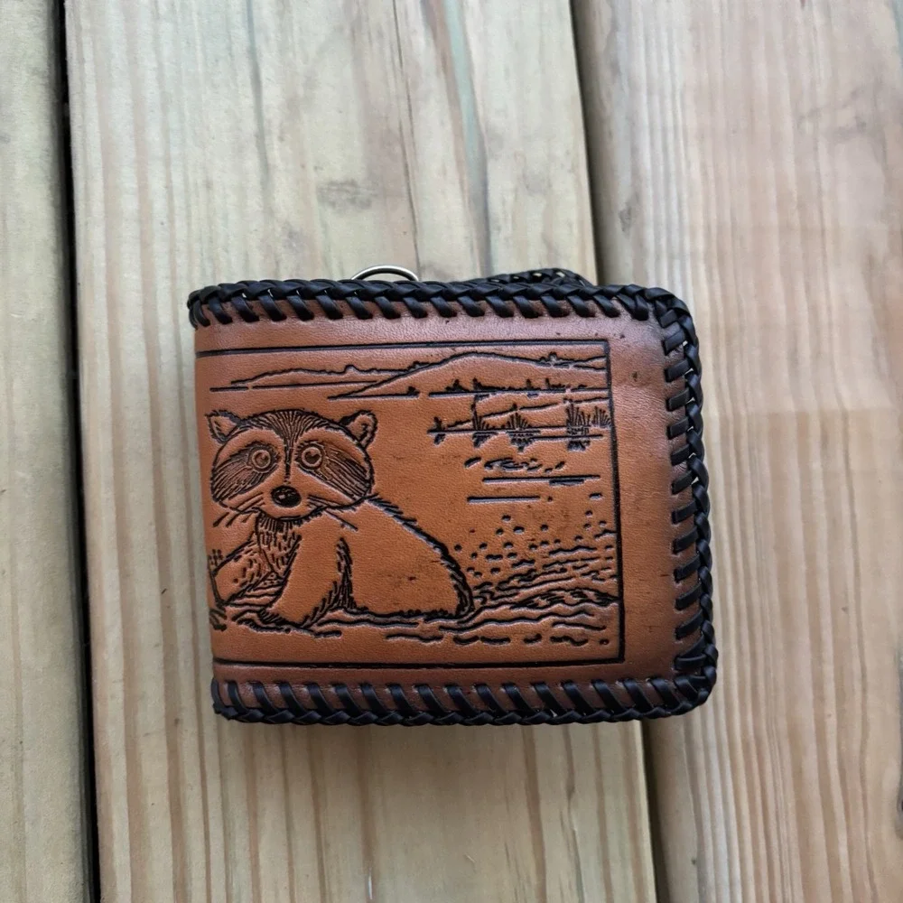Vintage Hand Tooled Leather Wallet Bi Fold Handmade Whipstitch Raccoon Free Ride
